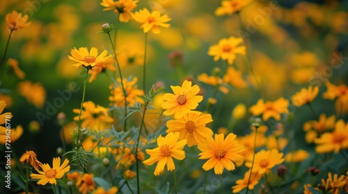  a bunch of yellow flowers that are blooming in a field with green grass and yellow flowers in the foreground  with a blurry background of green grass and yellow flowers in the foreground.