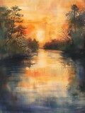 Peaceful river at sunset, Japanese traditional painting style, delicate watercolor strokes on canvas