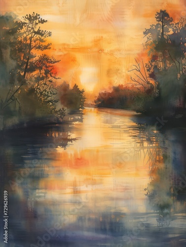 Peaceful river at sunset, Japanese traditional painting style, delicate watercolor strokes on canvas