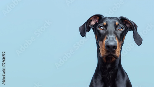 Portrait of a black doberman dog looking at the camera on blue background with copy space for text