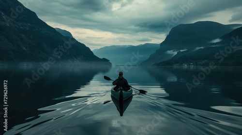 Canvastavla a person paddling a kayak on a lake in the middle of a mountain range under a cloudy sky with mountains and a body of water in the foreground