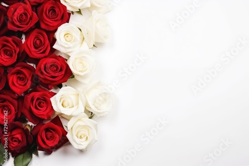 White roses with red roses on white background, love symbol with copy space, Valentine's day, Mother's day, Women's Day and love concept
