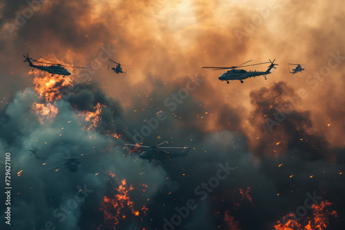 Military helicopters fly in formation during a demonstration with fire & smoke below