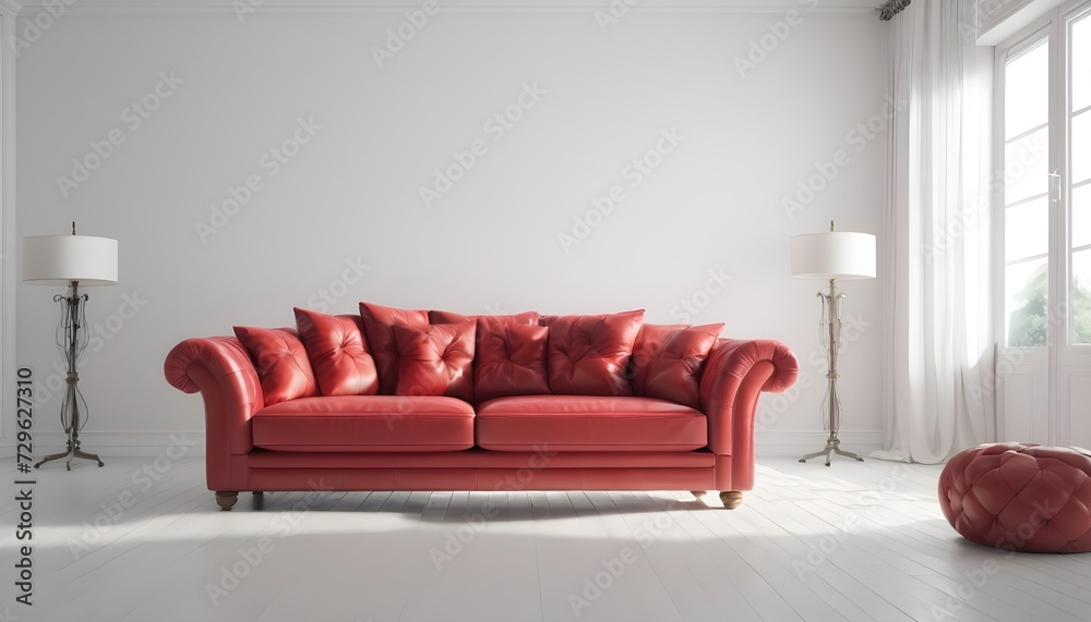 Red sofa and puff in modern design living room Red sofa and puff in modern design living room