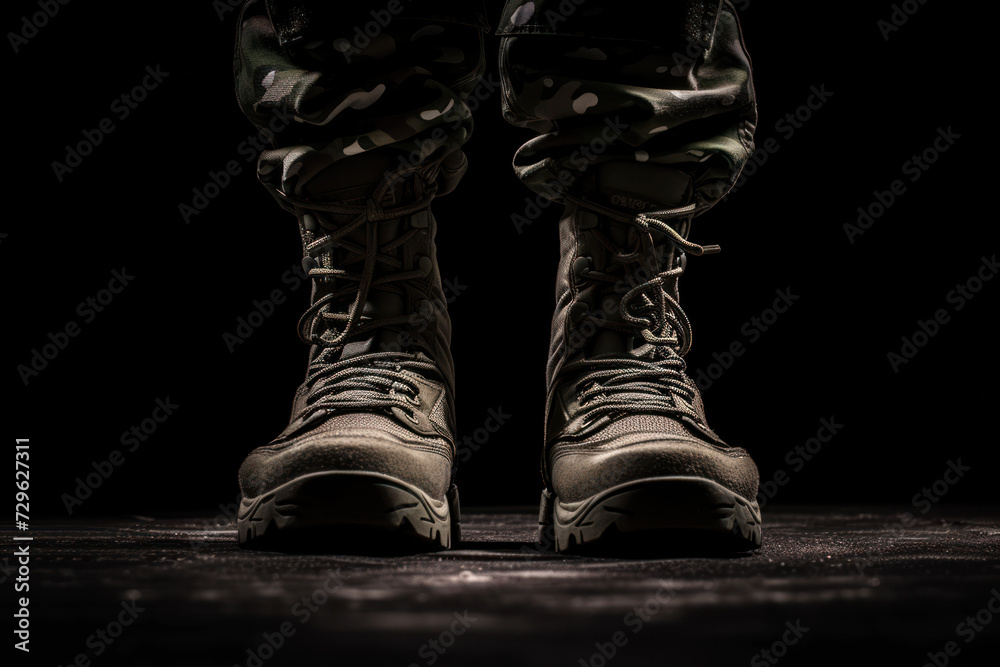 Contour of military boots on black background front view