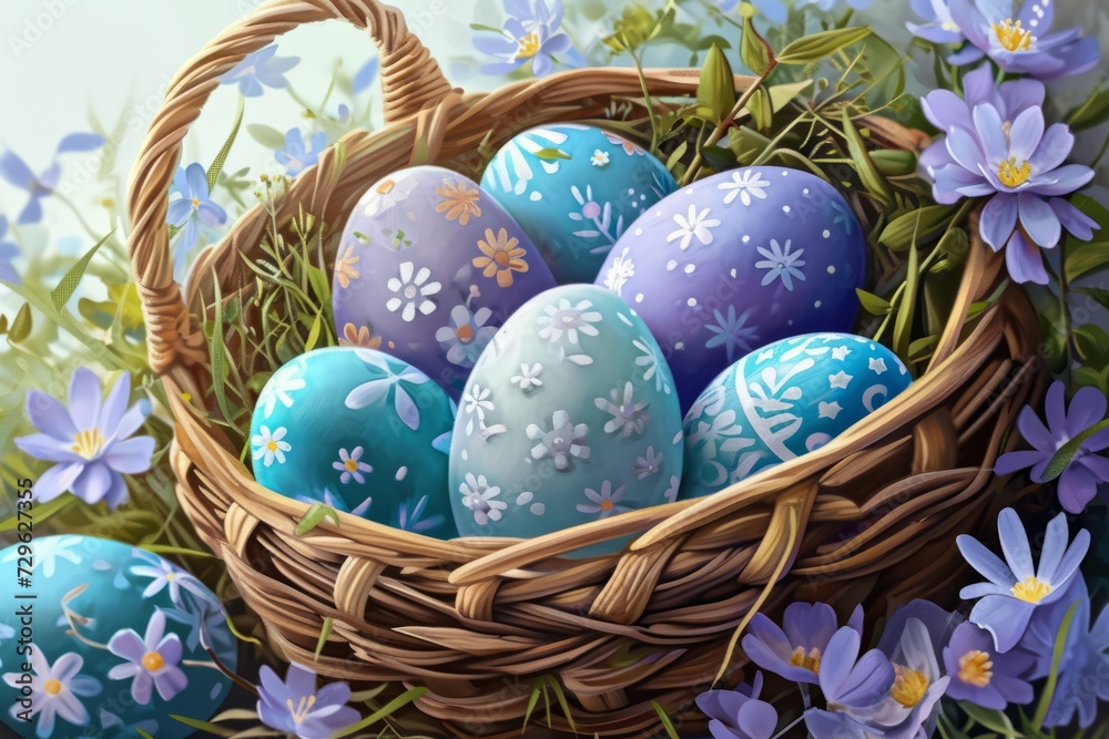 Purple and blue Easter eggs in a basket surrounded by violets and leaves. Happy Easter.