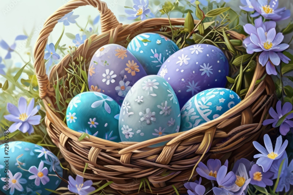 Purple and blue Easter eggs in a basket surrounded by violets and leaves. Happy Easter. Purple and blue Easter eggs in a basket surrounded by violets and leaves. Happy Easter.