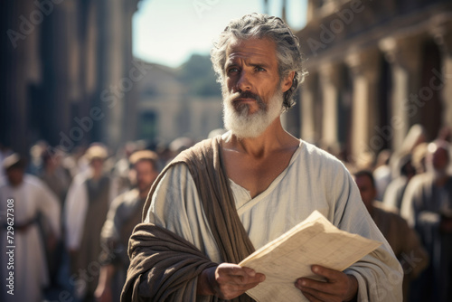 Saint Paul the Apostle holding the New Testament written on parchment paper (Generative AI)