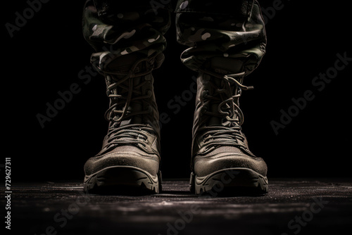 Obraz na płótnie Contour of military boots on black background front view w salonie