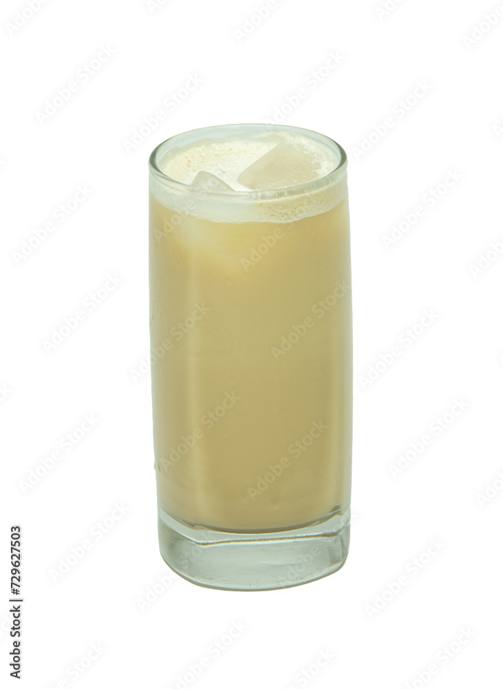 Latte macchiato coffee in a transparent glass cup with ice cubes isolated on a white background Latte macchiato coffee in a transparent glass cup with ice cubes isolated on a white background