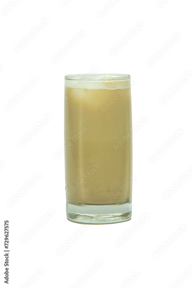 Latte macchiato coffee in a transparent glass cup with ice cubes isolated on a white background Latte macchiato coffee in a transparent glass cup with ice cubes isolated on a white background