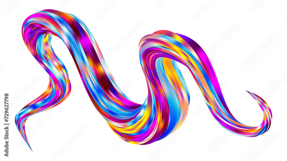 3D twisted iridescent line. Intertwined abstract liquid geometric shapes