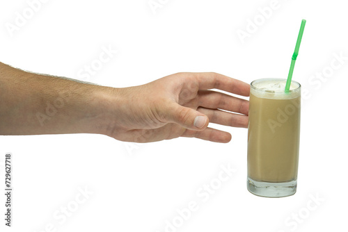 Male hand reaching to grab glass of coffee isolated on a white background, latte macchiato