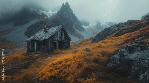  a small house sitting on top of a lush green hillside next to a tall mountain covered in fog and smoggy clouds on a foggy, overcast day.