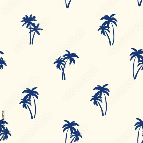 Half drop seamless repeat pattern with ditsy navy blue palm tree silhouettes on cream. Men, boys, sophisticated tropical, pool, beach, shirt print and more.