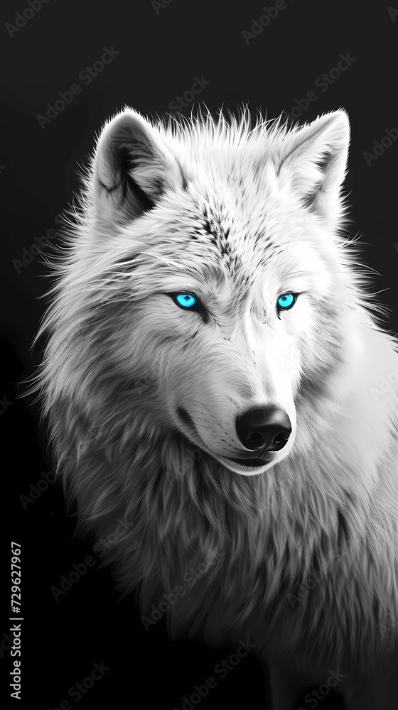 Striking Black and White Illustration of a Wolf with Electric Blue Eyes Ideal for Modern Smartphone Wallpapers and Artistic Designs