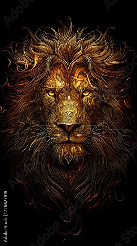 Fiery Ornate Lion Illustration in Amber Tones - A Luxurious and Powerful Smartphone Wallpaper © S