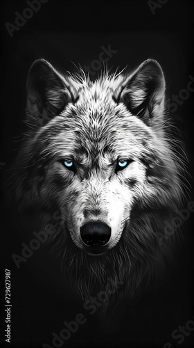 Intense Black and White Wolf Illustration with Striking Blue Eyes, Perfect for Smartphone Wallpaper and Graphic Design Use