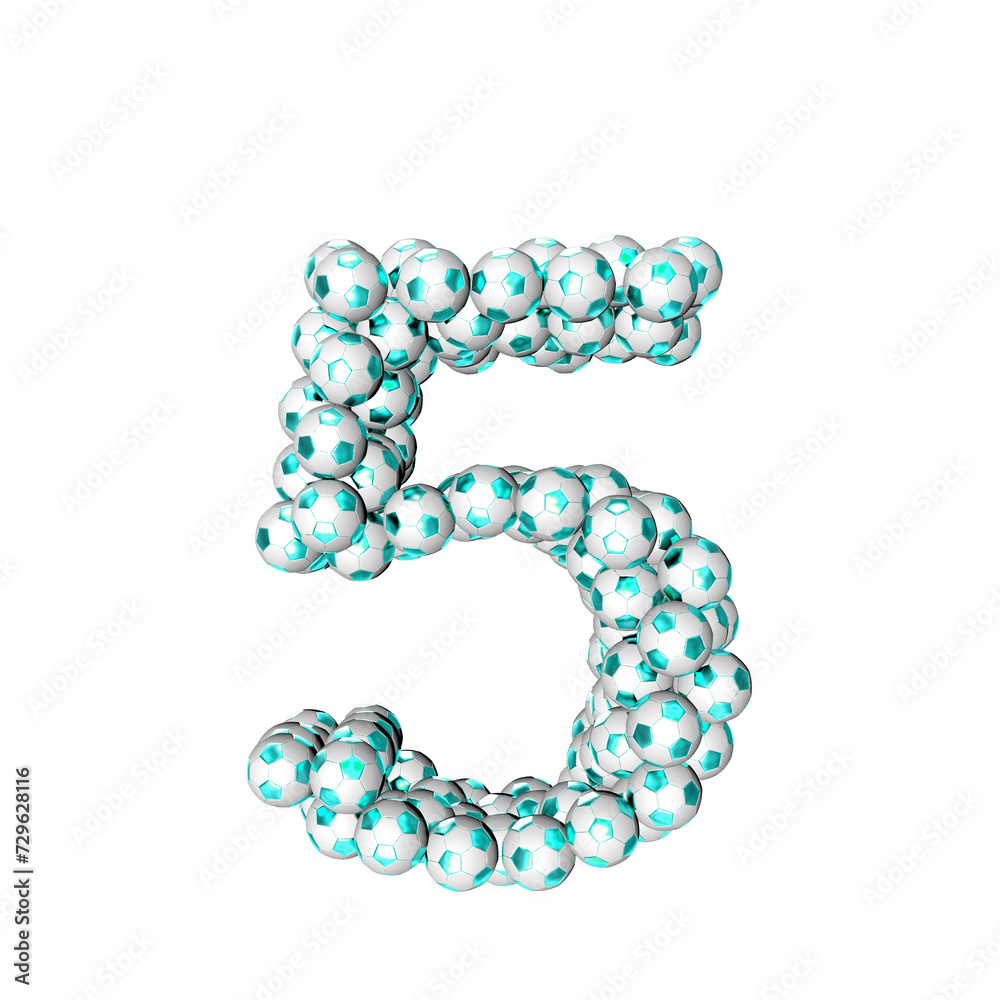 Symbol made from turquoise soccer balls. number 5 Symbol made from turquoise soccer balls. number 5