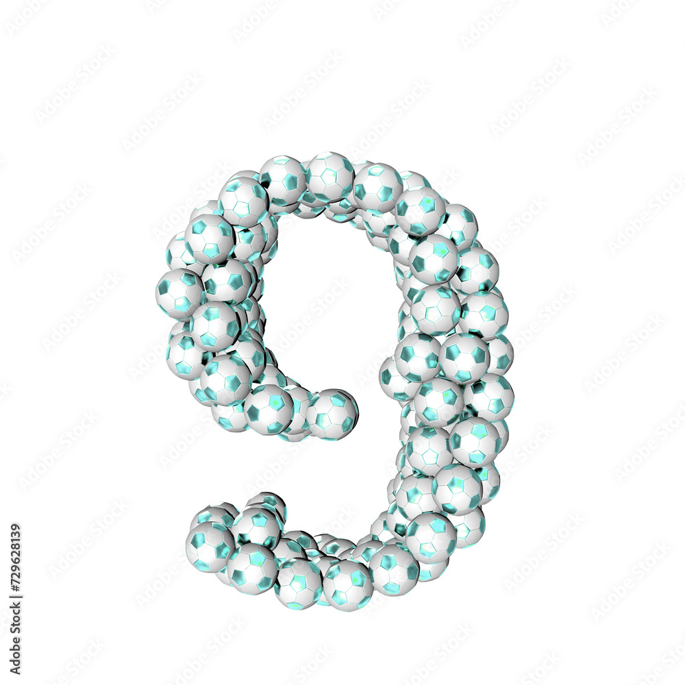 Symbol made from turquoise soccer balls. number 9 Symbol made from turquoise soccer balls. number 9