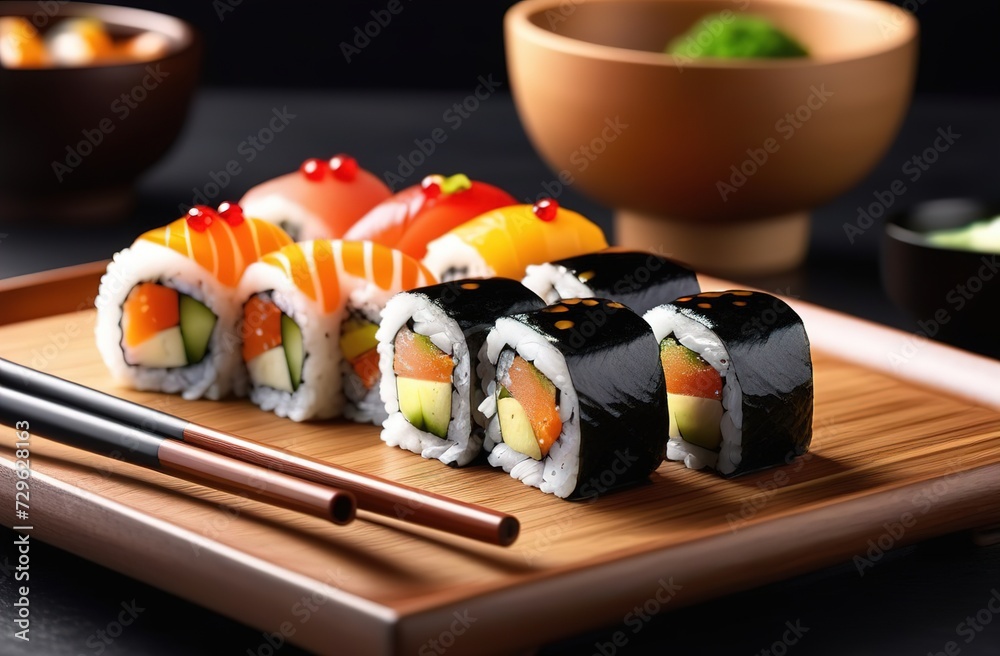 Tasty sushi set with chopsticks Tasty sushi set with chopsticks