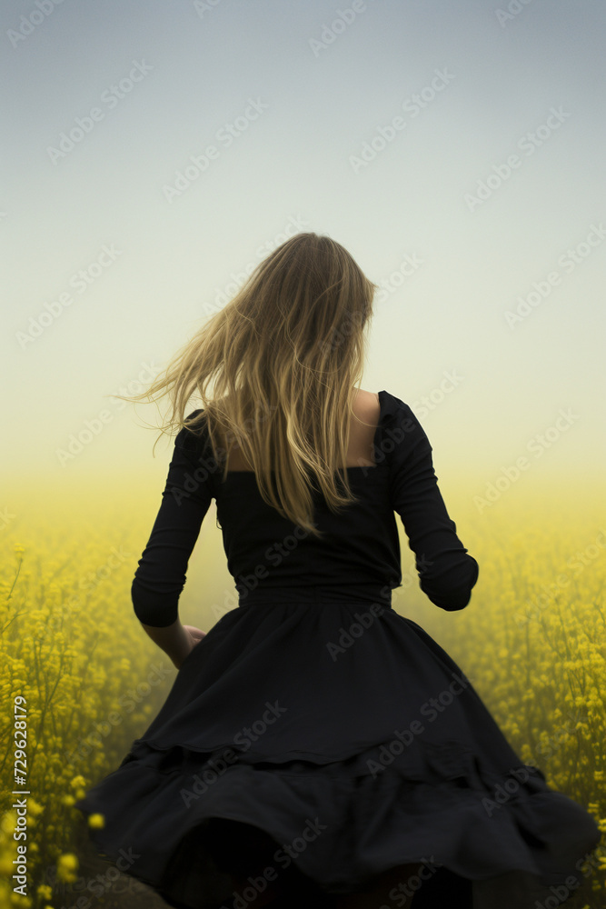 Obraz premium Blonde Frau läuft durch Rapsfeld