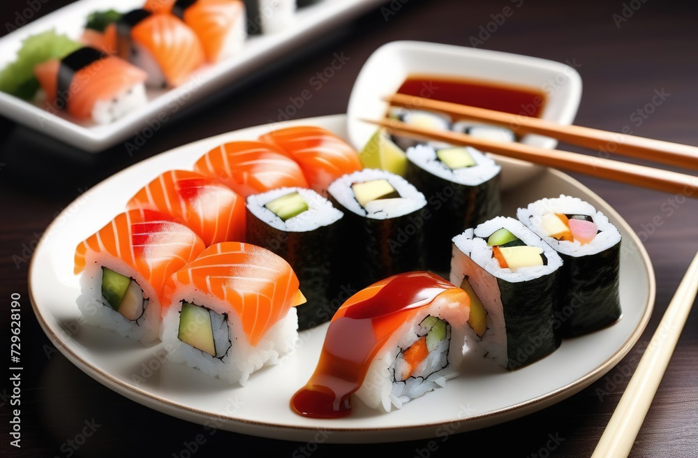 Tasty sushi set with chopsticks Tasty sushi set with chopsticks