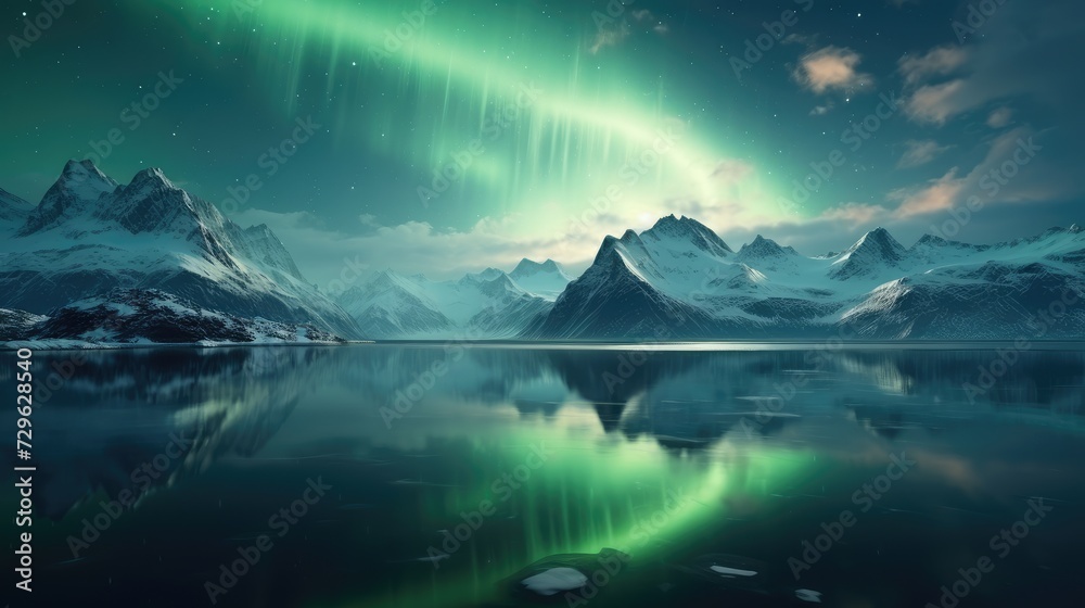 Majestic Northern Lights Illuminating Snow-Capped Mountains by a Serene Lake at Night