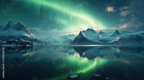 Majestic Northern Lights Illuminating Snow-Capped Mountains by a Serene Lake at Night