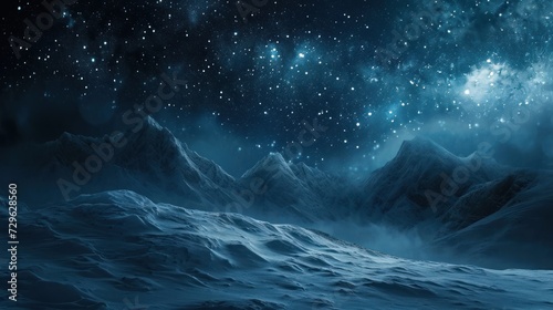  a view of a night sky with stars and a mountain range in the foreground and the moon in the middle of the night sky with stars in the middle of the sky.