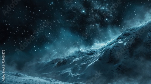 a snowy mountain covered in snow under a night sky filled with stars and a star filled sky filled with stars and a mountain covered in snow covered with stars and snow.