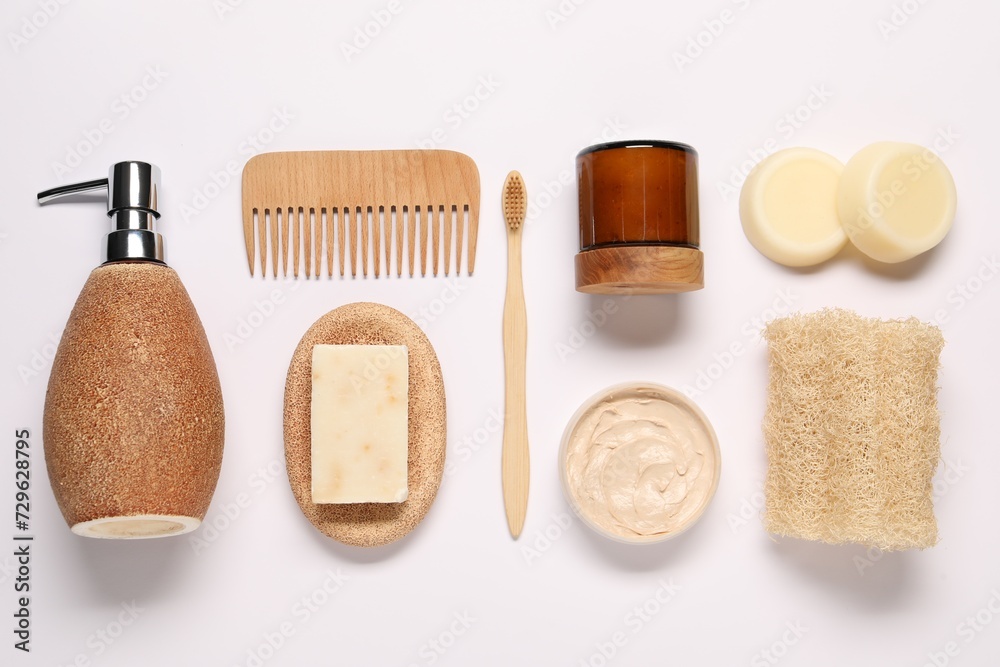 Bath accessories. Different personal care products on white background, flat lay Bath accessories. Different personal care products on white background, flat lay