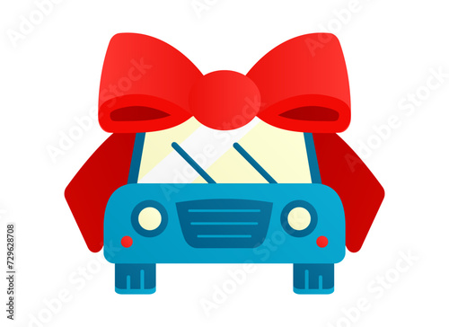 Car as a gift. Tied with red bow on blue auto. Front view of personal transport on wheels. Surprise automobile. Four-wheeled Autocar. Wipers, headlights. Flat design. Isolated. Vector illustration