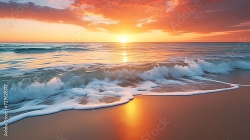 Sandy beach with light blue transparent water waves and sunlight  tranquil aerial beach scene