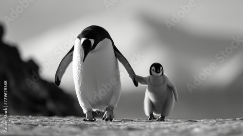  a black and white photo of a penguin and a baby penguin standing next to each other in front of a rocky outcrop with a cloudy sky in the background.