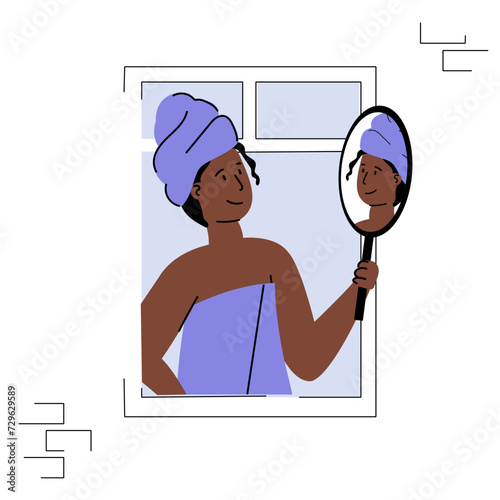 An illustration of a strong confident black woman looking in a mirror.