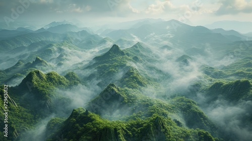 an aerial view of a mountain range covered in clouds and green vegetation in the foreground, with mountains in the distance, and a cloudy sky in the background. photo