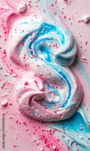Top view of swirls of ice cream with a symbol "S" in pastel pink and blue shades with a creamy texture.