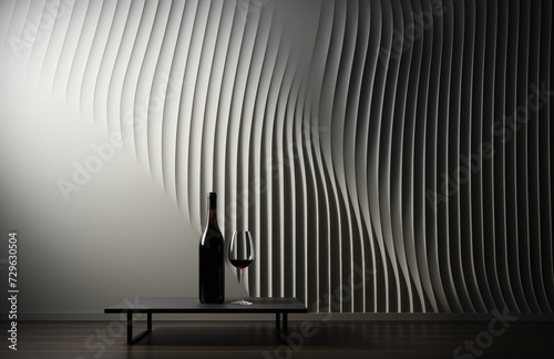 A bottle and glass of red wine placed on a low coffee table, set against the backdrop of a striking sculptural wall in a dimly lit room. 
