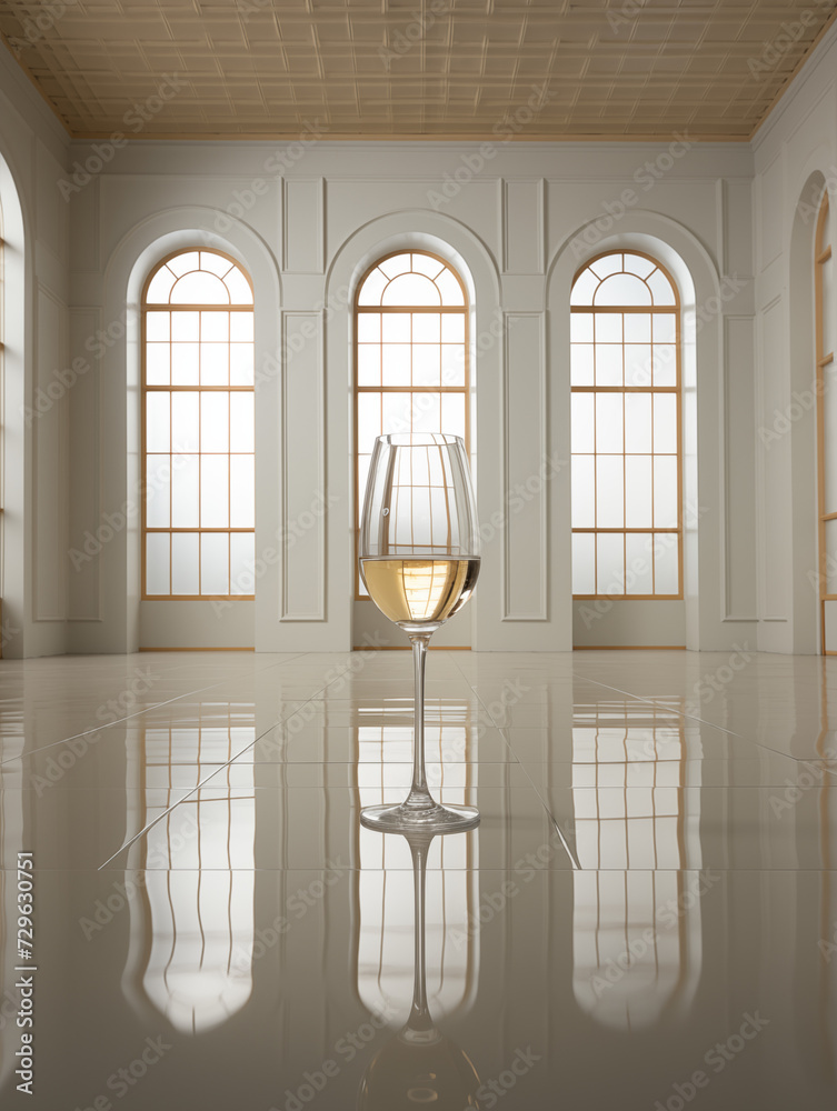 Perfectly centered white wine glass casting a reflection on the glossy floor of a symmetrical room with tall windows.
