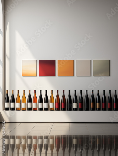 A diverse collection of wine bottles with clear labels displayed on a sleek shelf, complemented by geometric color block wall art in a room with reflective flooring. 