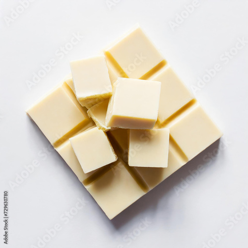 Cubes of white milk chocolate bar isolated on white background. Pieces of irregular shape for package design. Top view. Flat lay.