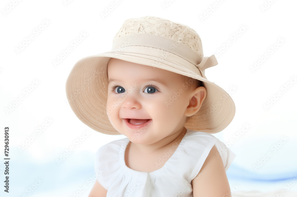 Portrait of cute newborn laughing happy baby in summer hat and white dress as studio shoot on a white background Portrait of cute newborn laughing happy baby in summer hat and white dress as studio shoot on a white background