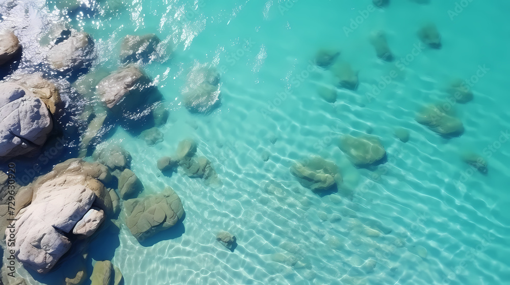 Fototapeta premium Aerial view of beautiful beach, simple, calm composition in clear blue