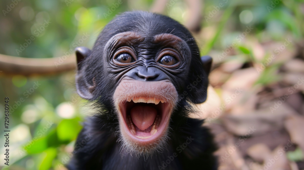 Funny Portrait of Smiling Monkey showing teeth. small surprised monkey, close-up. Astonished macaque monkey with mouth open. Close up portrait of a happy baby chimpanzee with a silly grin with room Funny Portrait of Smiling Monkey showing teeth. small surprised monkey, close-up. Astonished macaque monkey with mouth open. Close up portrait of a happy baby chimpanzee with a silly grin with room