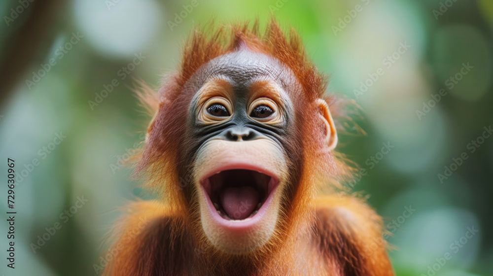 Funny Portrait of Smiling Monkey showing teeth. small surprised monkey, close-up. Astonished macaque monkey with mouth open. Close up portrait of a happy baby chimpanzee with a silly grin with room Funny Portrait of Smiling Monkey showing teeth. small surprised monkey, close-up. Astonished macaque monkey with mouth open. Close up portrait of a happy baby chimpanzee with a silly grin with room