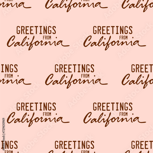 Seamless pattern with iconic california lettering isolated on light background. Greetings from California message. Ready design print for packaging, stickers or postcards.
