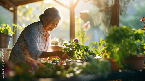 家庭菜園をするアジア人高齢女性 photo