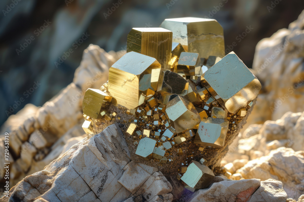 Golden pyrite stone specimen with shiny reflections Golden pyrite stone specimen with shiny reflections