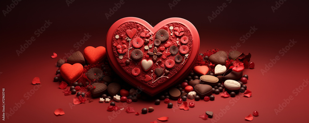 A red heart with many chocolates and hearts around it. A red heart with many chocolates and hearts around it.